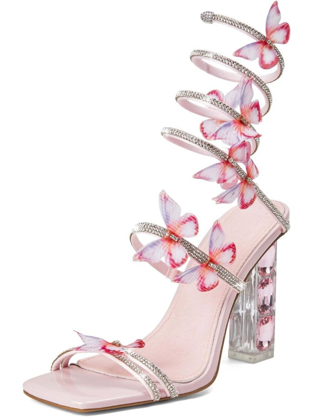 🆕Women's Pink Heels Square Toe Rhinestone Butterfly Prom Dressy Sandals